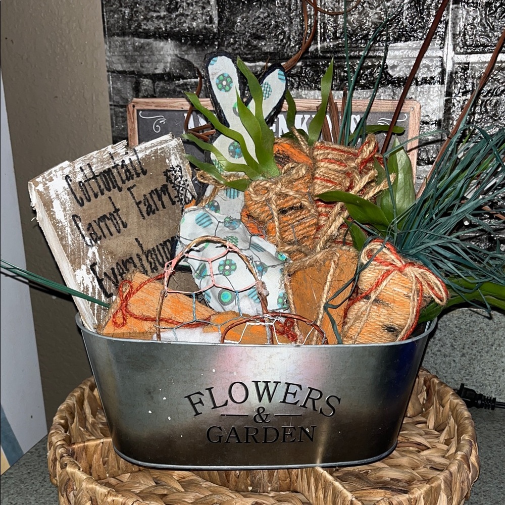 Rustic Metal Planter with Assorted Accents, Easter rabbit, all handmade
